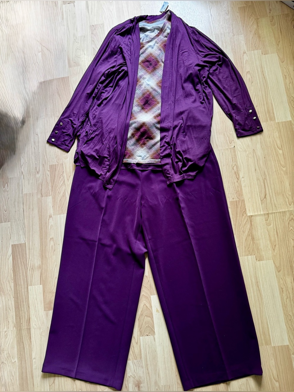NEW with tags. Eggplant Wide-Leg Pants Outfit with Shirt & Matching Cardigan